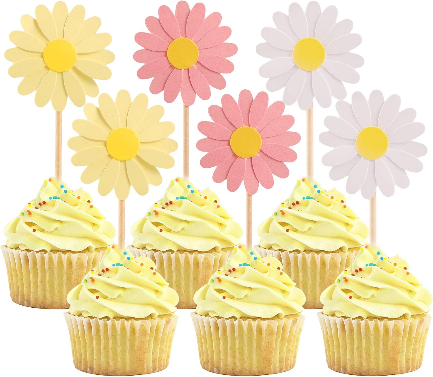 24Pcs Daisy Cupcake Toppers Flower Cake Topper Decorations Daisy Cake Decorations Chrysanthemum Cupcake Toppers Spring Daisy Flower Cake Picks for Birthday Wedding Supplies Multi