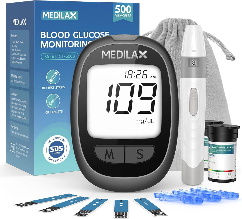 Medilax Blood Glucose Monitor Kit, 100 Test Strips & 100 Lancets Blood Sugar Testing Kit with Glucometer and Lancing Device, No Coding, 500 Storage Glucose Monitor for Home Use, Diabetes Testing