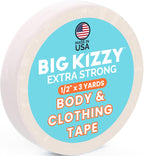 Big Kizzy Extra Strong Body and Clothing Tape Roll, Clear Hypoallergenic Double Sided Fashion Tape for Women - for Clothes, Dresses, Skin, Fabric, or Hems (1/2" x 3 yds)