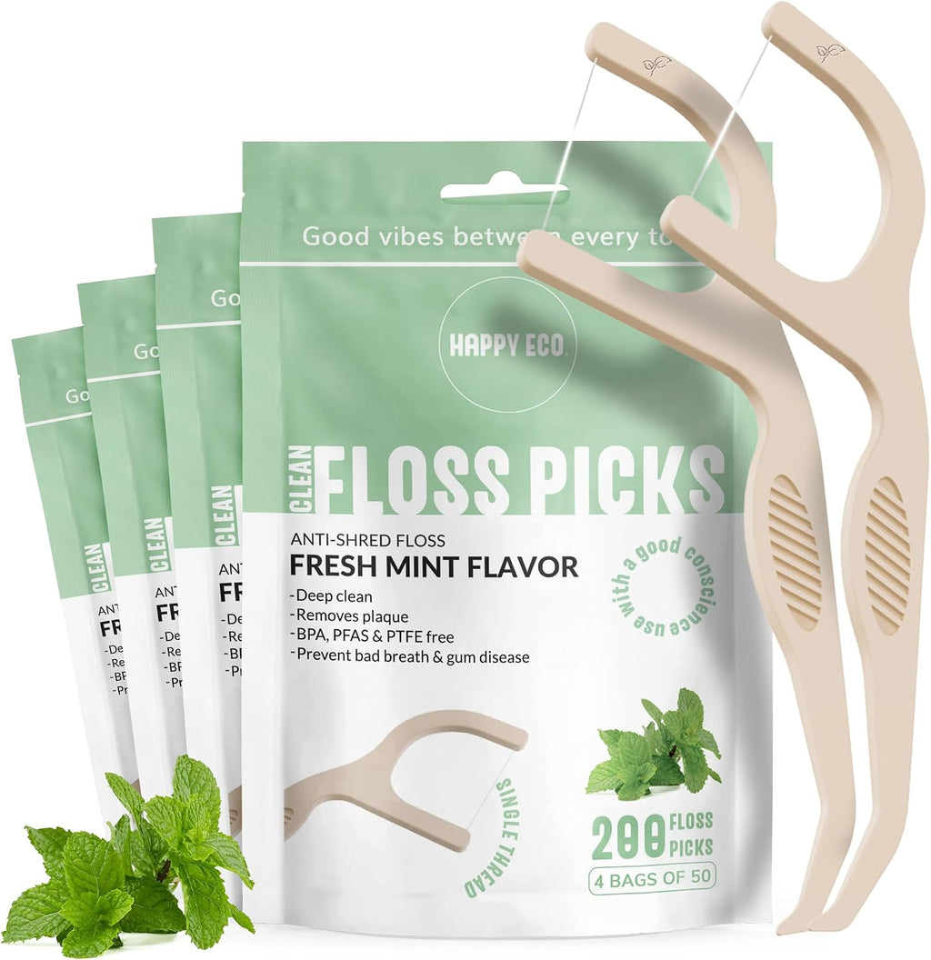 Dental Floss Picks for Teeth (200ct) - Single Thread Tooth Picks Flossers for Adults, Toothpicks Floss, Vegan Corn-Straw Handle, Shred-Resistant String for Interdental Oral Care & Gum Health, Mint