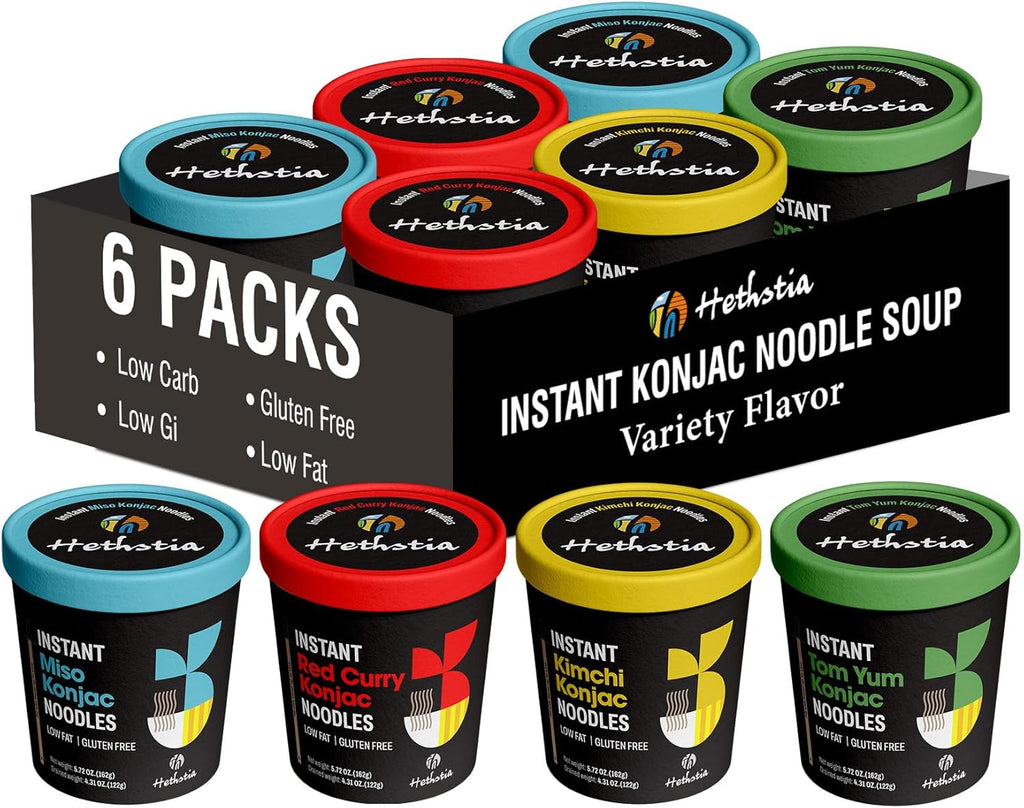 Hethstia Konjac Noodle Soup, 6-Pack Instant Shirataki Noodle Variety Pack (Spicy Red Curry, Miso, Kimchi, Tom Yum) – Low Carb, Low Calorie, Gluten-Free, Vegan, Keto, Ready to Eat Healthy Instant Meal