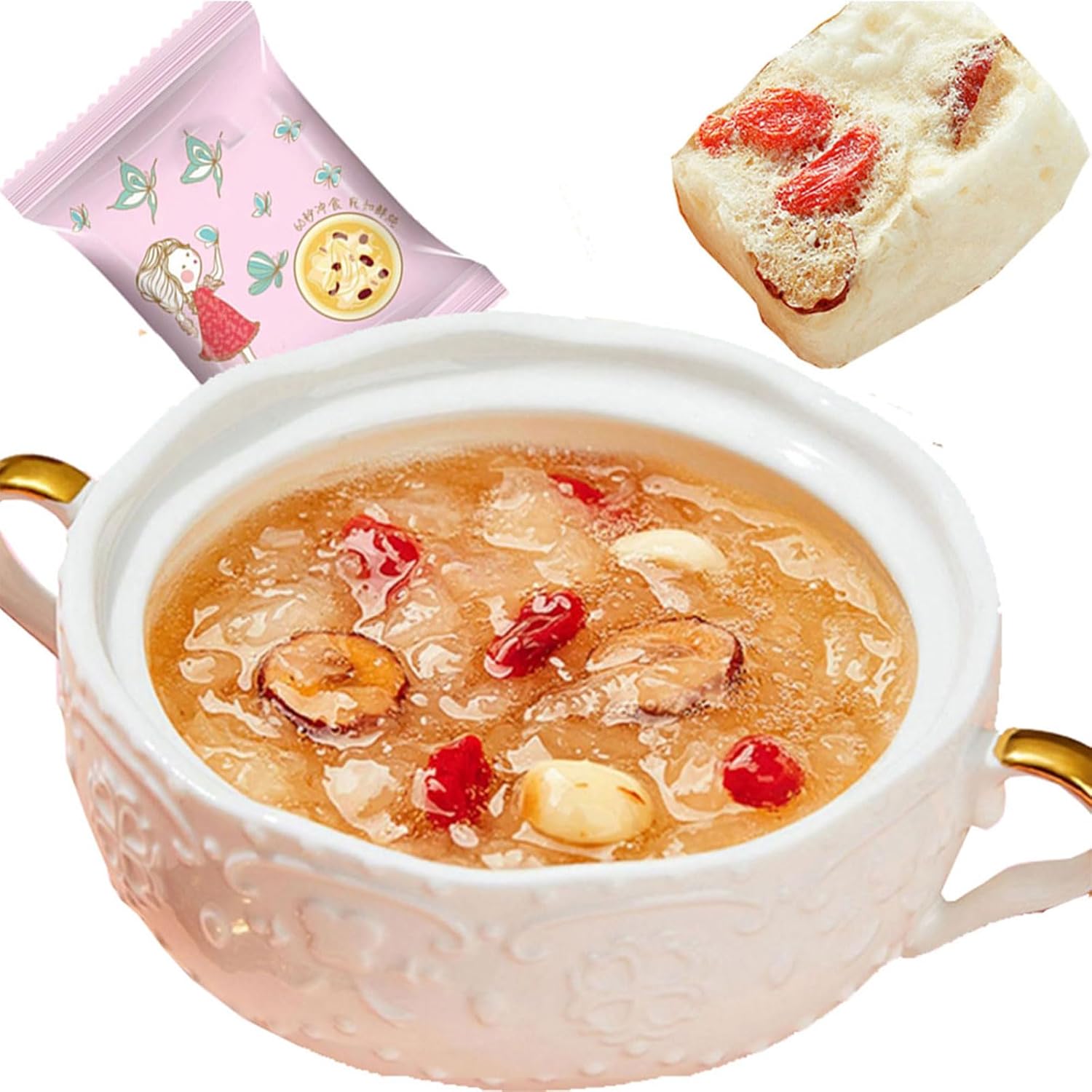 white fungus red dates cinnamon soup 5.29 oz/150g (10 packs x15g) healthy nutritious porridge Freeze dried white fungus, red jujube, Chinese wolfberry soup