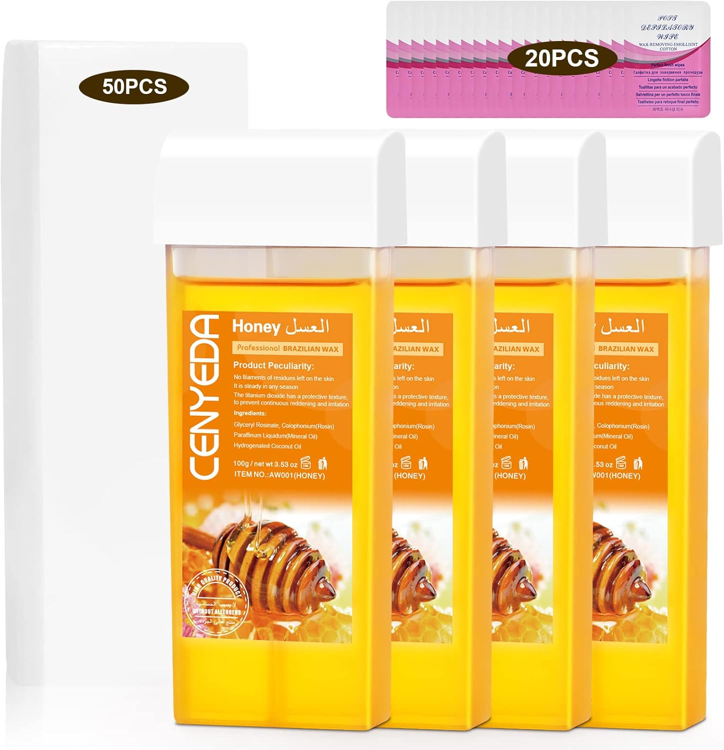 Roll On Wax Kit - Hair Removal Cartridges, 4 Pack Honey Rollers With 50 Strips and 20 After-Wax Treatment Wipes