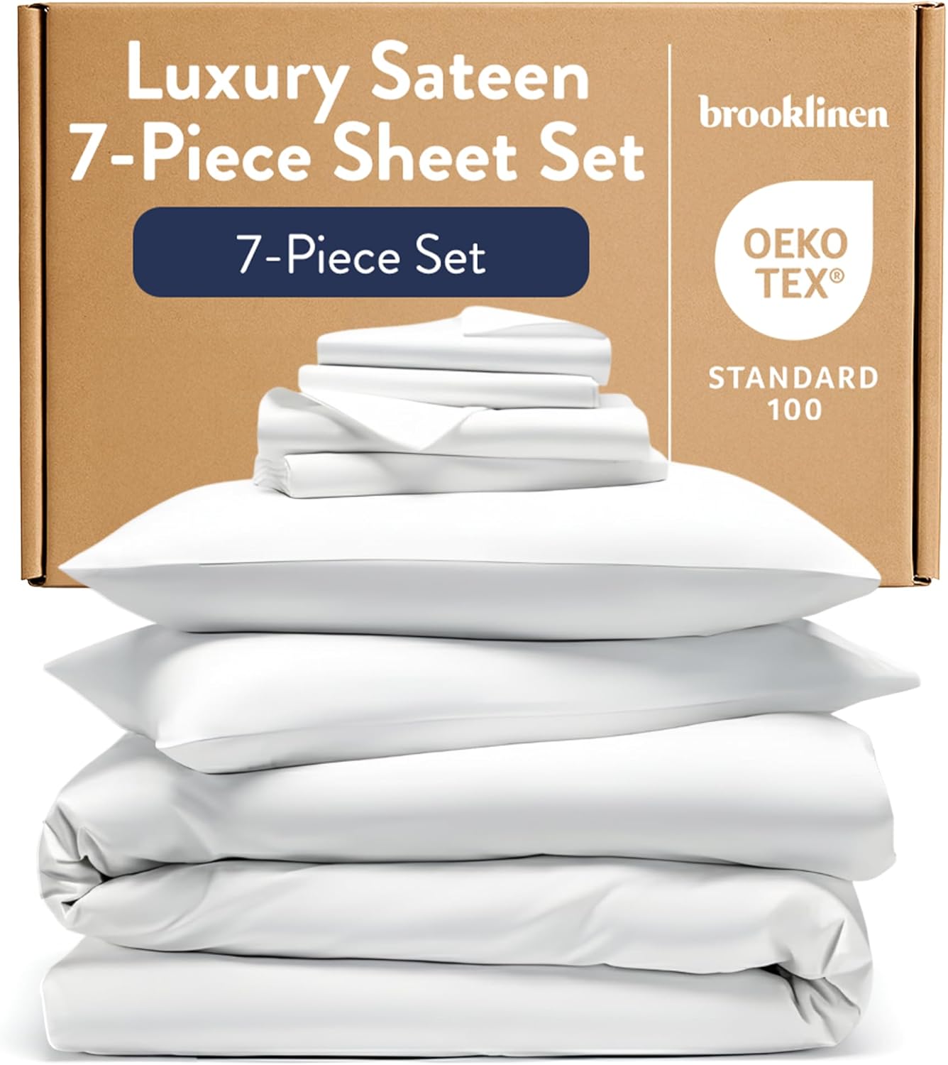 Brooklinen Luxury Sateen Sheet Set - 7 Piece 100% Cotton Bed Sheets - 1 Fitted & 1 Flat Sheet, 4 Pillowcases, 1 Duvet Cover, Soft Sateen Sheets for Ultimate Comfort King - White