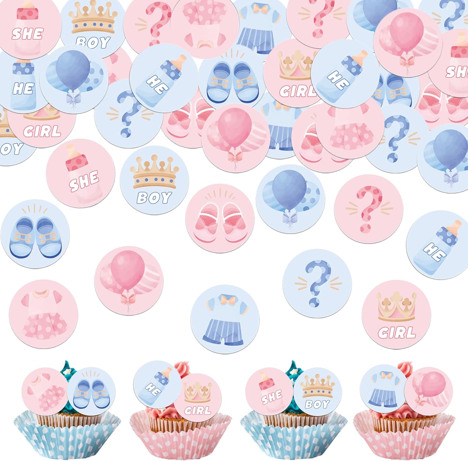 48 Pack Edible Boy or Girl Cupcake Toppers Wafer Paper Gender Reveal Cupcake Picks Baby Boy or Girl Cake Decor for Baby Shower Gender Reveal Party Cake Decorations Supplies