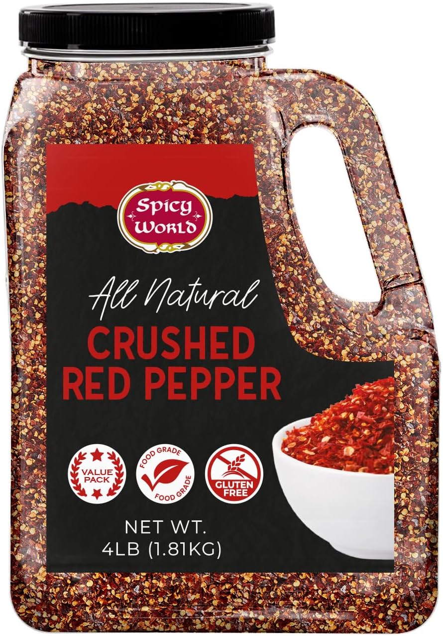 Crushed Red Pepper Flakes 4 LB Bulk Jar (64 Oz) - All Natural, Pure, Chilli Flakes Hot Pepper, Great on Pasta and Pizza by Spicy World - Can Also Be Used For Yards, Backyard Protection, Chicken Protection