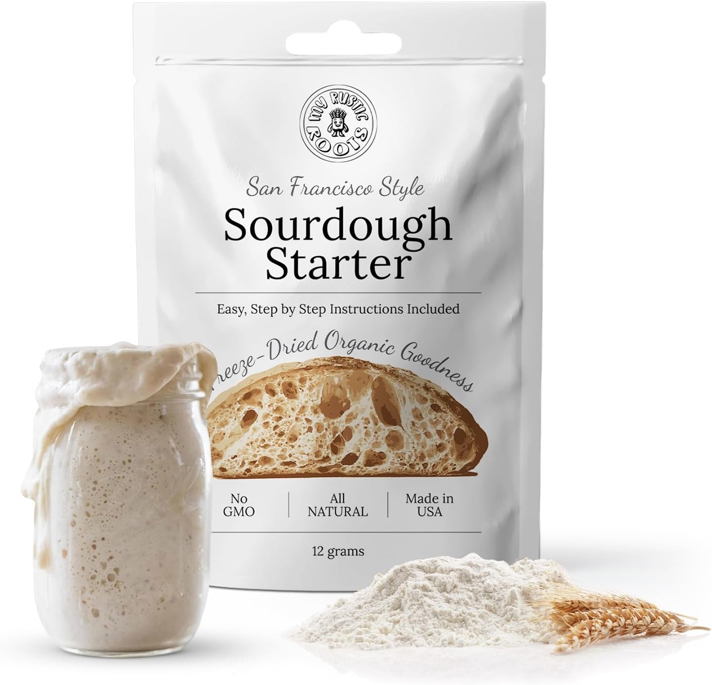 MY RUSTIC ROOTS All Natural & Organic San Francisco Sourdough Starter Culture - Beginner Friendly Sourdough Bread Starter - Perfect for Baking Delicious Homemade Artisan Bread, Pizza & More - 12g