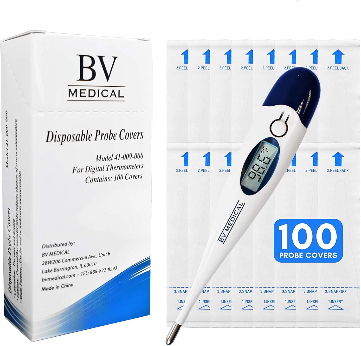 BV Medical Digital Thermometer Rigid Tip 10sec. W/100 Probe Covers Pack