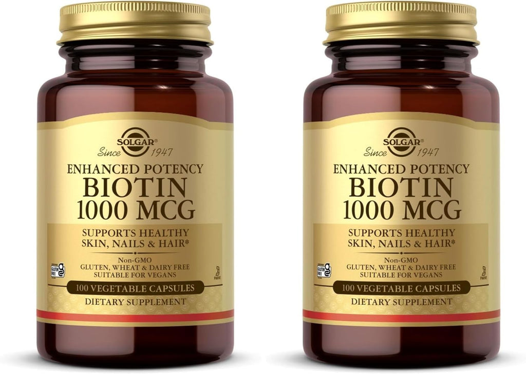 Solgar Biotin 1000 mcg - 100 Vegetable Capsules - Supports Healthy Skin, Nails & Hair - Non-GMO, Vegan, Gluten Free, Dairy Free, Kosher - 100 Servings (Pack of 2)