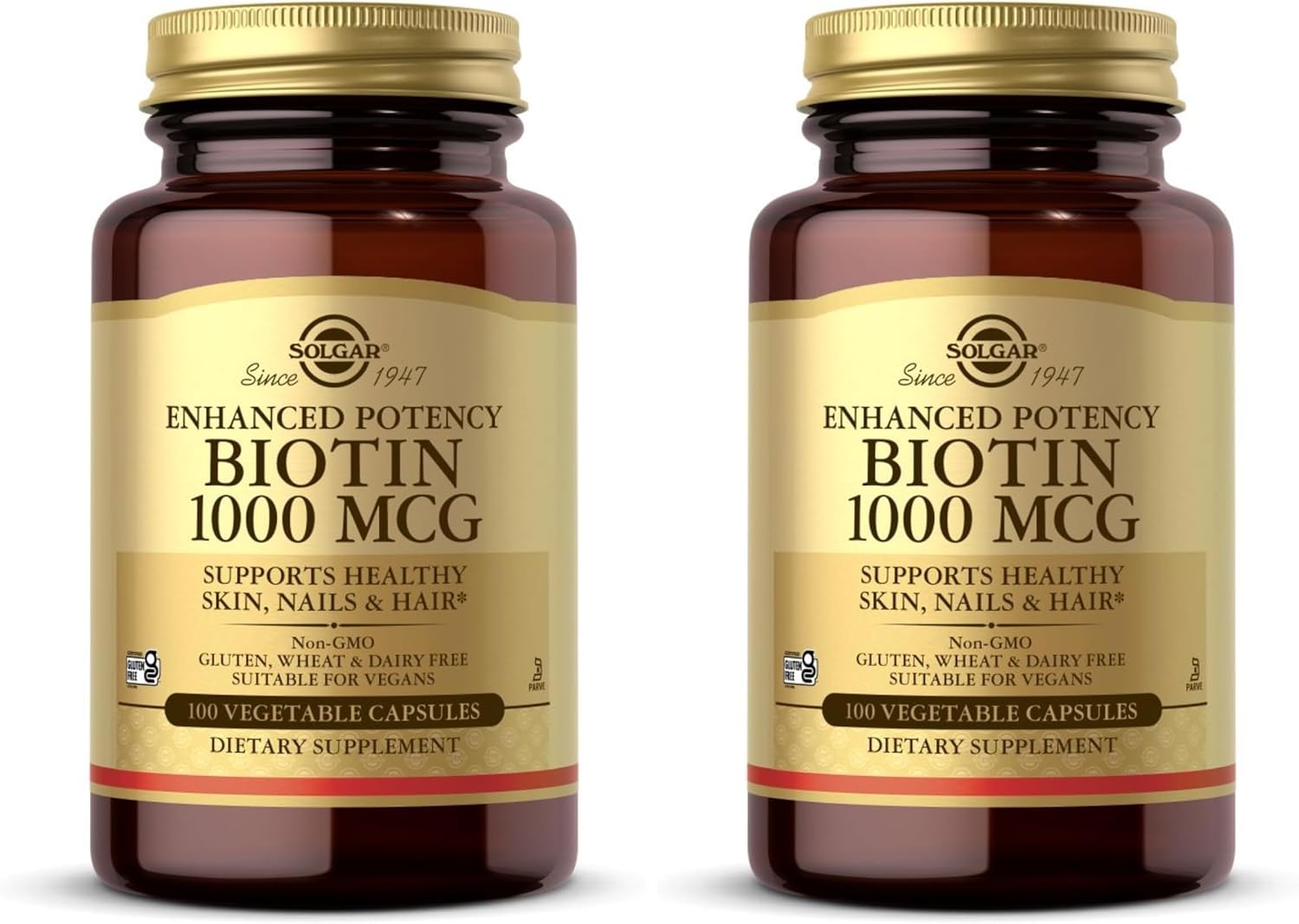 Solgar Biotin 1000 mcg - 100 Vegetable Capsules - Supports Healthy Skin, Nails & Hair - Non-GMO, Vegan, Gluten Free, Dairy Free, Kosher - 100 Servings (Pack of 2)