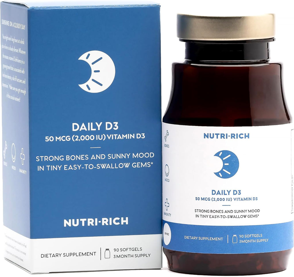 Nutri-Rich Vitamin D3 2000 IU (50 mcg) – High Potency Immune, Bone & Muscle Support – Non-GMO, Soy & Gluten-Free, No Artificial Additives, Third-Party Tested Softgels