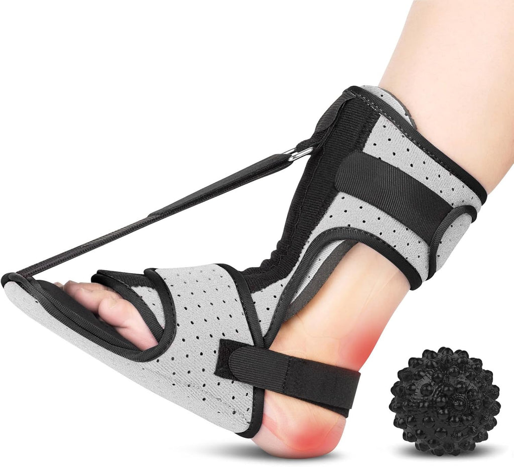 Plantar Fasciitis Night Splint with Massage Ball for Plantar Fasciitis Relief, Comfortable Plantar Fasciitis Brace for Achilles Tendonitis Heal Spur Foot-drop Flat-arch, Free Size for Men and Women - Gray
