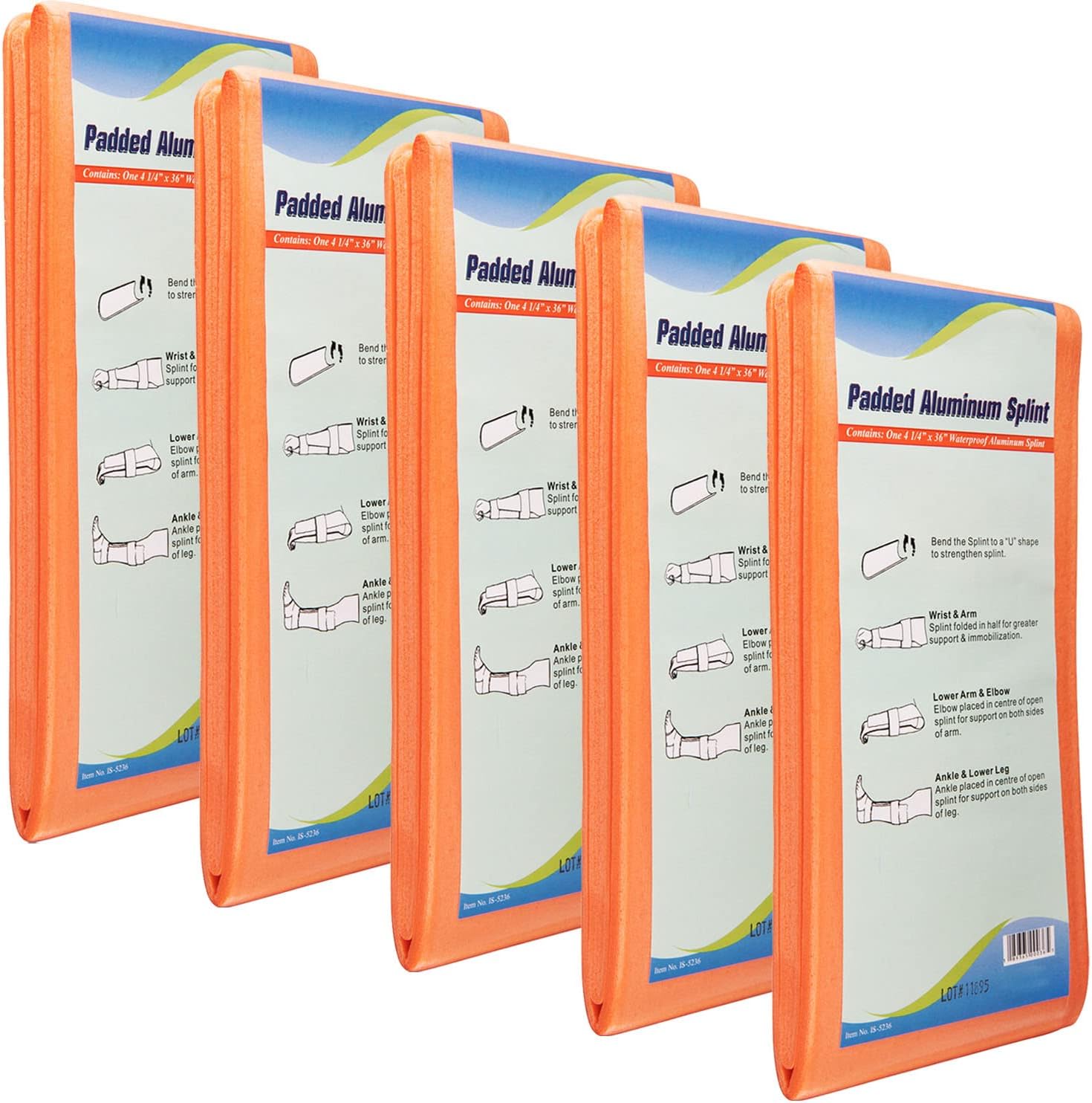 NOVAMEDIC Pack of 5 First Aid Padded Universal Aluminum Splints - 36 inch, Brace for Splinting Hands, Legs, Wrist, Ankle and Fractured or Injured Limbs, Flat Folded, Waterproof