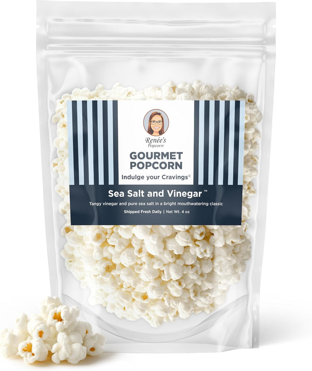 Renée’s Sea Salt and Vinegar™ Gourmet Popcorn -tangy slightly sour vinegar and pure sea salt, creates a classic combo elevated on fresh popped corn, snack or gift – resealable, 4oz bag.