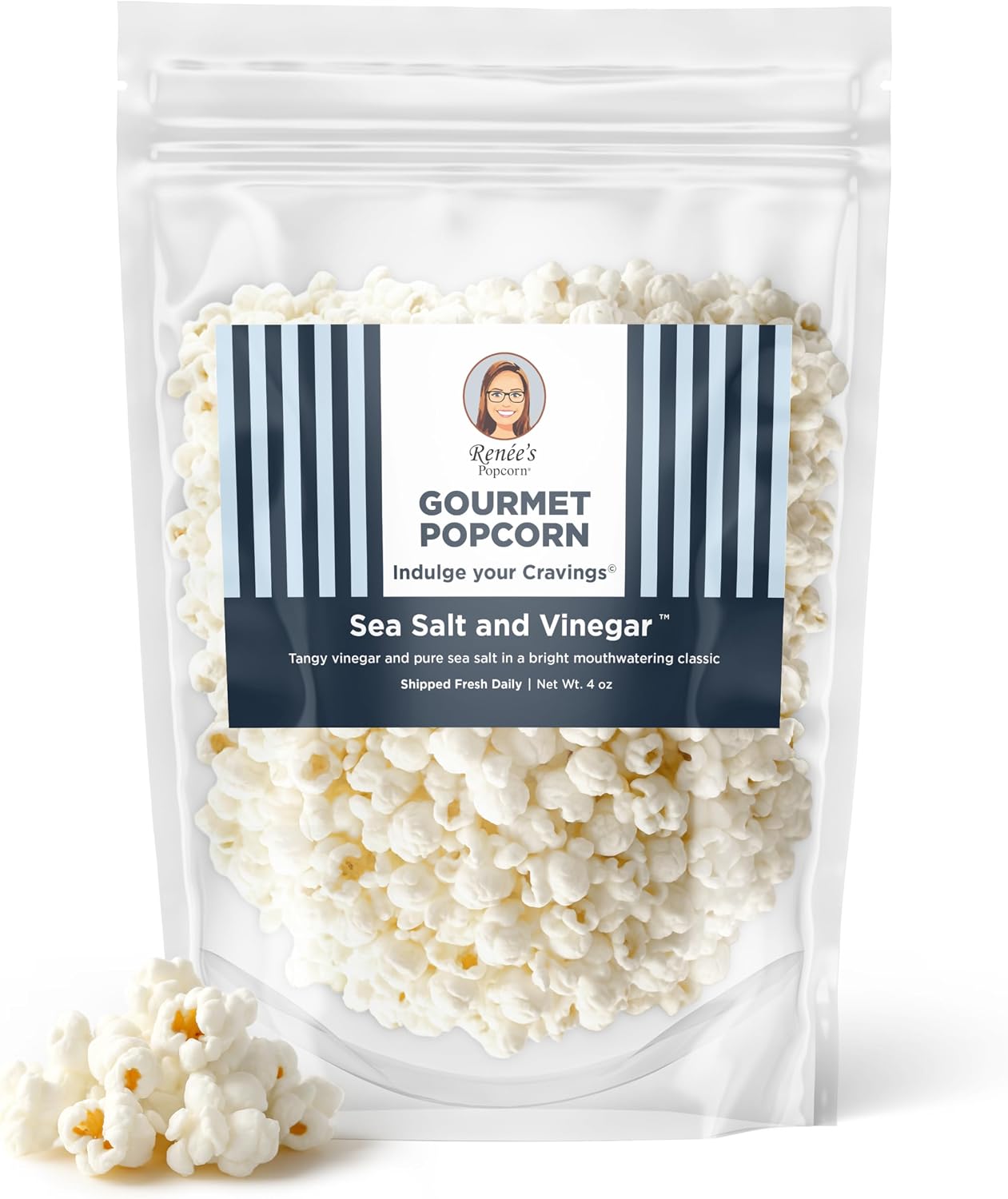 Renée’s Sea Salt and Vinegar™ Gourmet Popcorn -tangy slightly sour vinegar and pure sea salt, creates a classic combo elevated on fresh popped corn, snack or gift – resealable, 4oz bag.