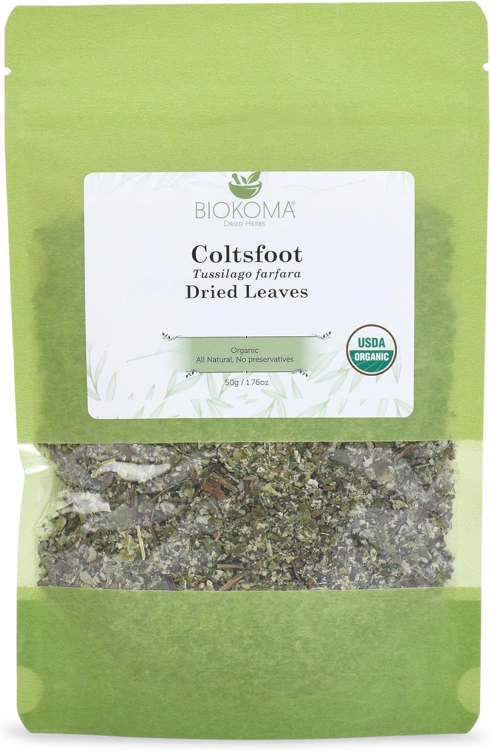 Biokoma Organic Coltsfoot Leaves 50g 1.76oz USDA Organic Tussilago farfara Dried Herb Cut & Sifted Respiratory Support Soothing Herbal Tea Resealable Bag No Additives No Preservatives No GMO Kosher