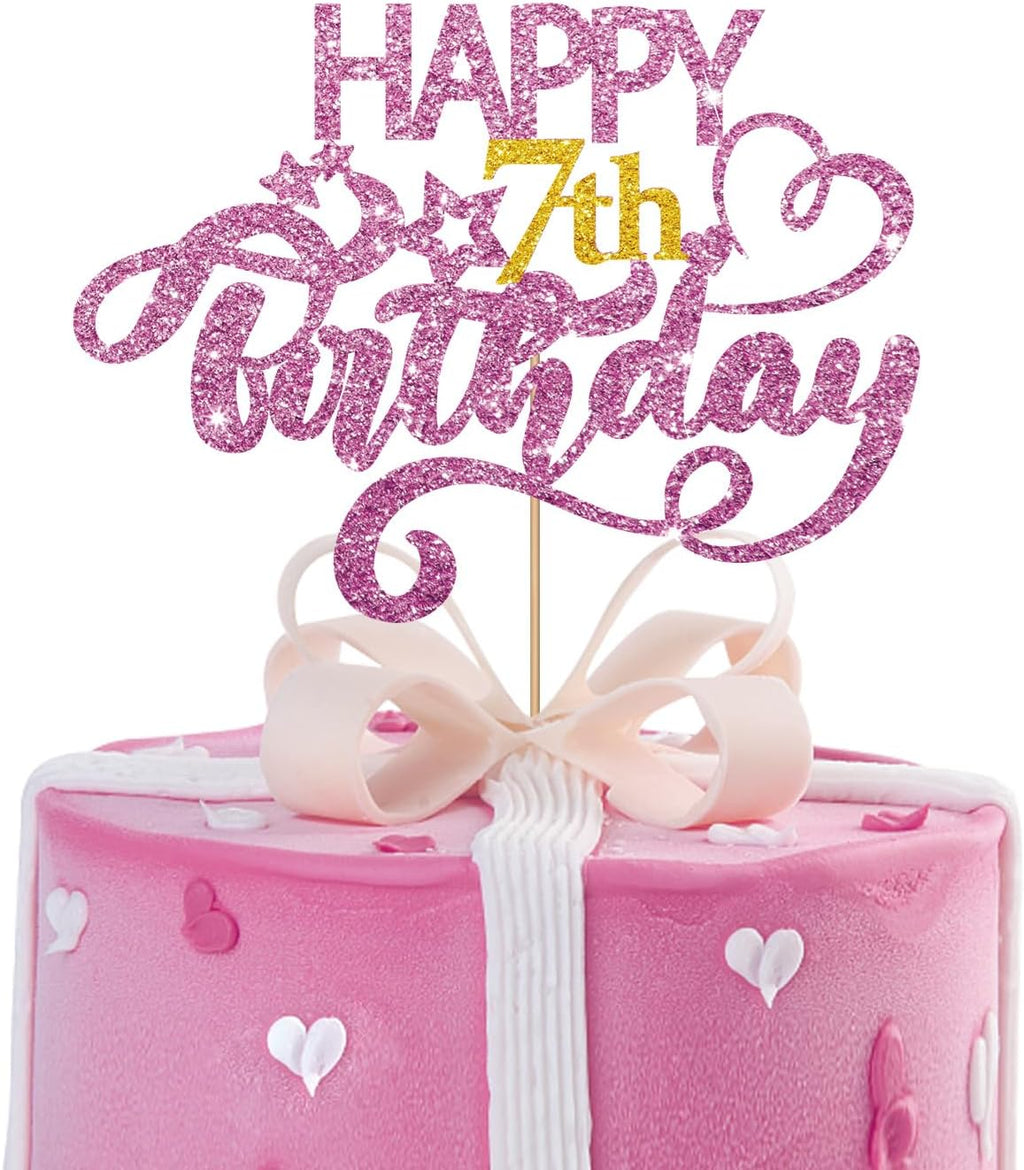 Pink Glitter Happy 7th Birthday Cake Topper, Seven Years Old Birthday Party Cake Decor, Gold Number 7 Birthday Party Supplies Decorations for Girl or Boy