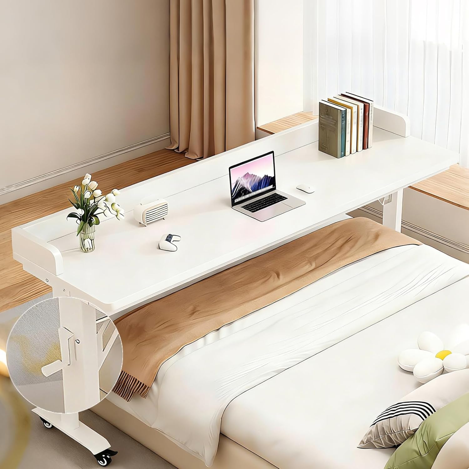 White Overbed Table Adjustable Height,Overbed Table with 360° Wheels, Rolling Over The Bed Desk, Queen Size Beds, Laptop Desk for Bed, for Bedroom, Living Room, Hospital Use