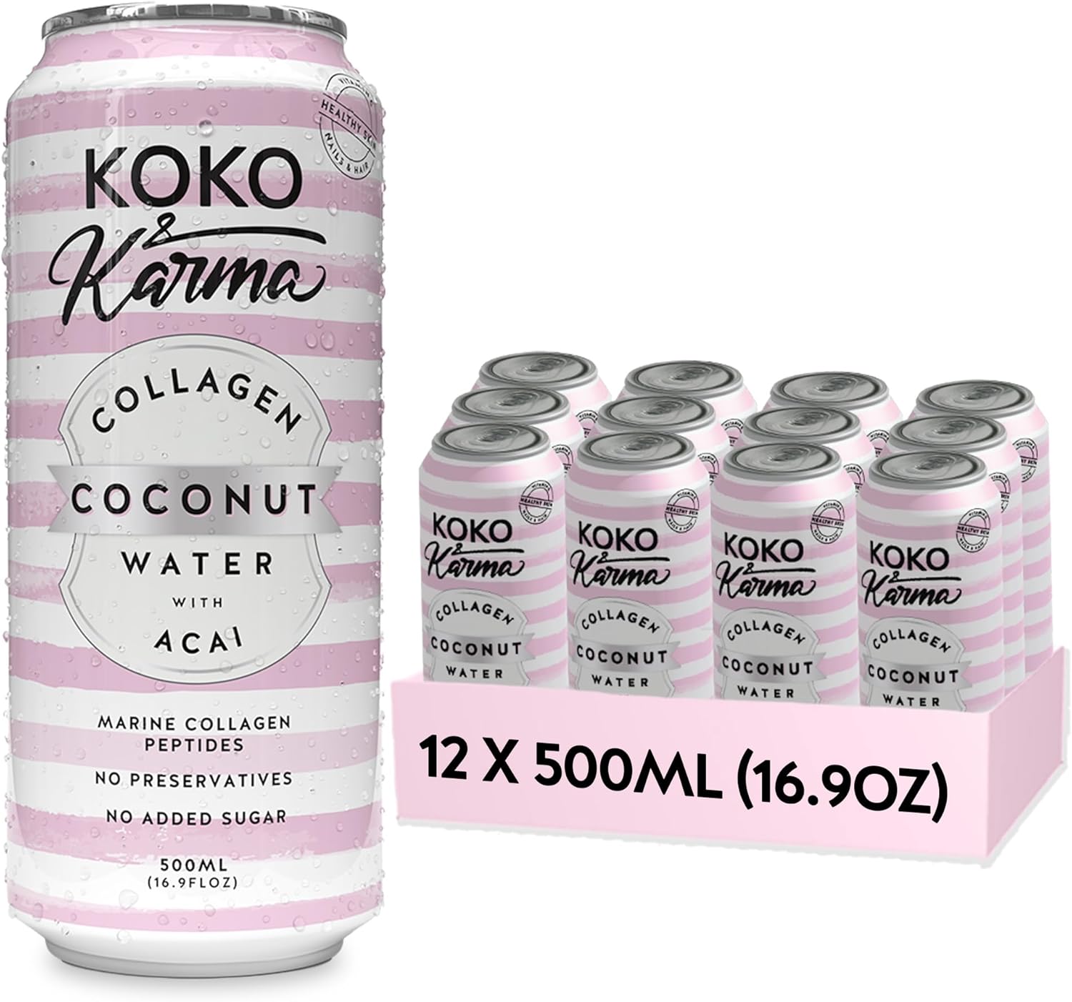 Koko & Karma - Collagen Coconut Water with Acai - Marine Collagen Peptides with No Preservatives and No Added Sugar - 12 Pack - 16.9 Ounce Cans