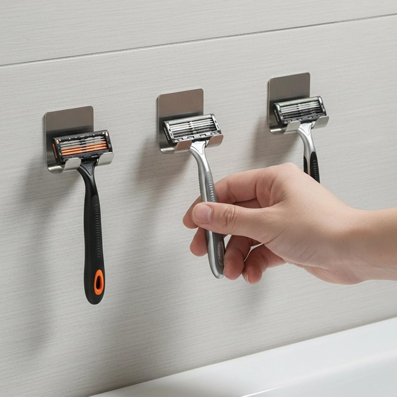 Stainless Steel Adhesive Razor Holder for Shower, 3-Pack, No-Drill Waterproof Hooks, Rust-Resistant Shaver Storage for Bathroom