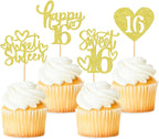 48 Pack Happy Sweet 16 Cupcake Toppers Sweet Sixteen 16 Happy 16 Cupcake Picks for 16th Birthday Wedding Anniversary Party Cake Decorations Supplies Gold