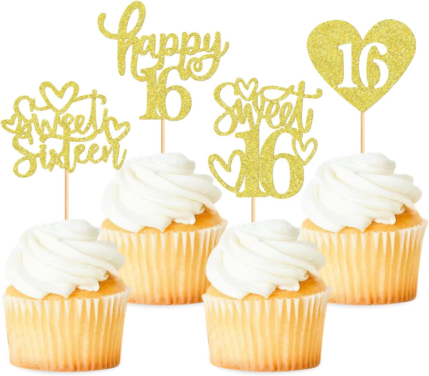 48 Pack Happy Sweet 16 Cupcake Toppers Sweet Sixteen 16 Happy 16 Cupcake Picks for 16th Birthday Wedding Anniversary Party Cake Decorations Supplies Gold