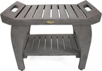 CoastalVogue Tranquility 24 Inch Gray Waterproof Teak Wood Shower Bench Stool Seat Chair for Inside Shower Provides Safety, Storage, and Organization for Bathroom Accessories