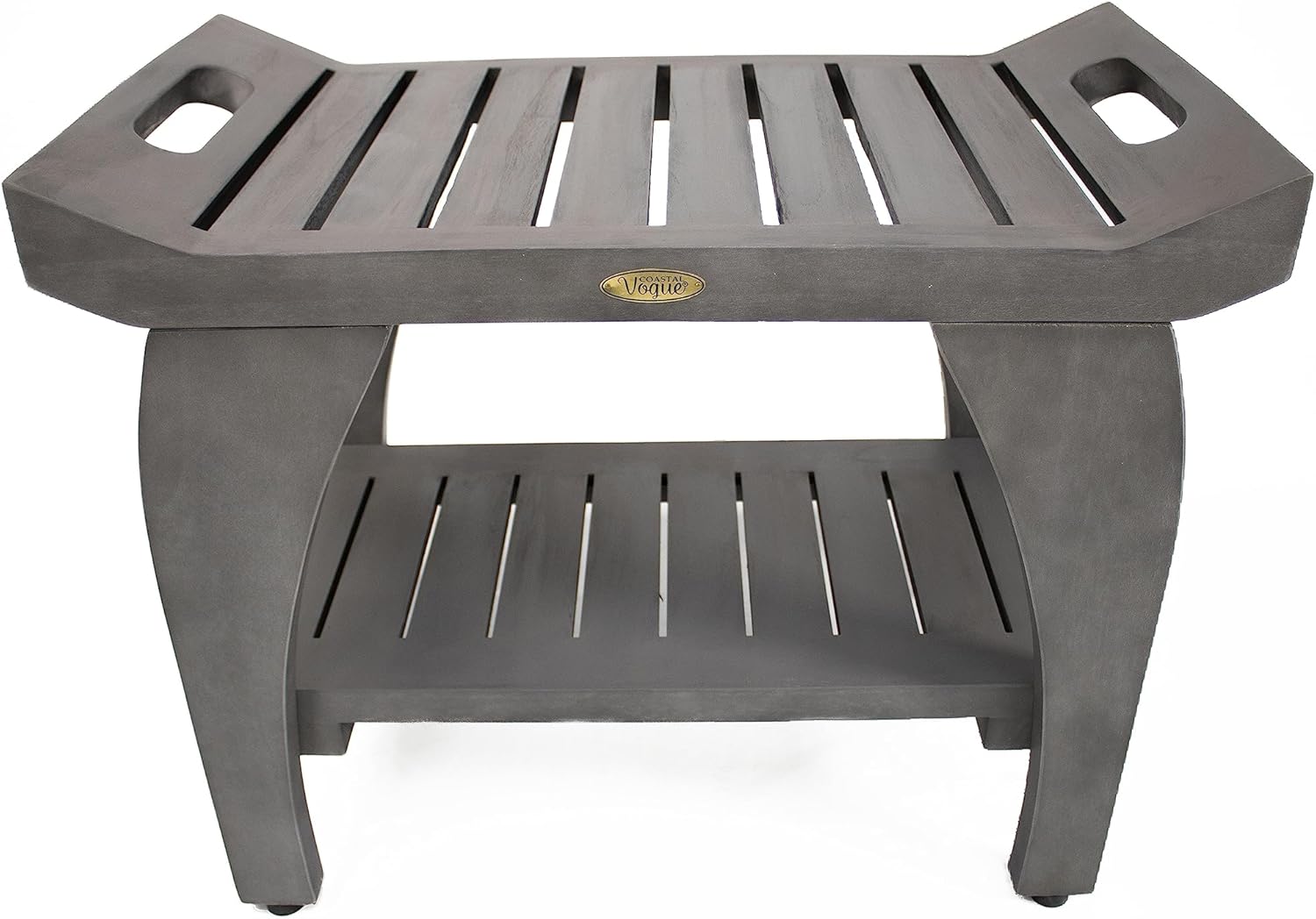 CoastalVogue Tranquility 24 Inch Gray Waterproof Teak Wood Shower Bench Stool Seat Chair for Inside Shower Provides Safety, Storage, and Organization for Bathroom Accessories