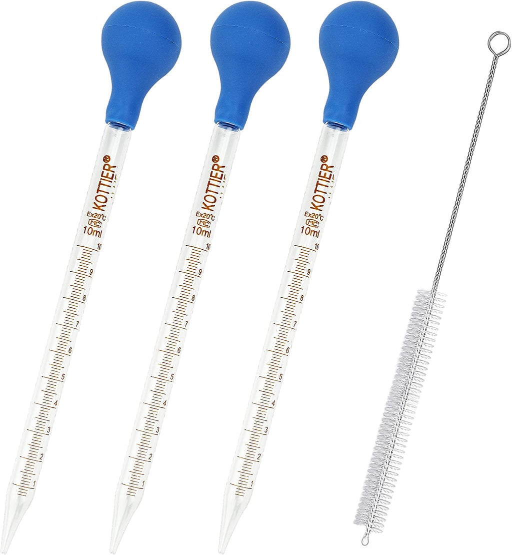 3Pcs Glass Pipettes Dropper, 10ml Graduated Liquid Dropper with Rubber Bulb and Cleaning Brush, Transfer Pipettes for Essential Oil