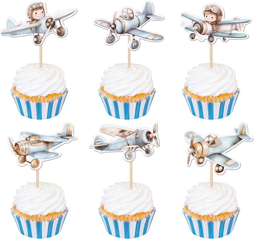 36 PCS Airplane Cupcake Toppers Pilot Aviation plane Cupcake Picks Airplane Plane Cupcake Decoration for Plane Theme Baby Shower Kids Boys Birthday Party Cake Decorations Supplies Blue