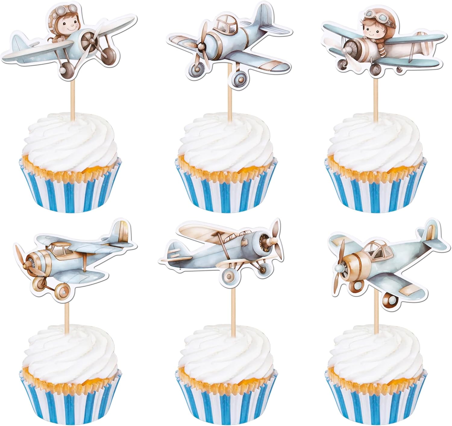 36 PCS Airplane Cupcake Toppers Pilot Aviation plane Cupcake Picks Airplane Plane Cupcake Decoration for Plane Theme Baby Shower Kids Boys Birthday Party Cake Decorations Supplies Blue
