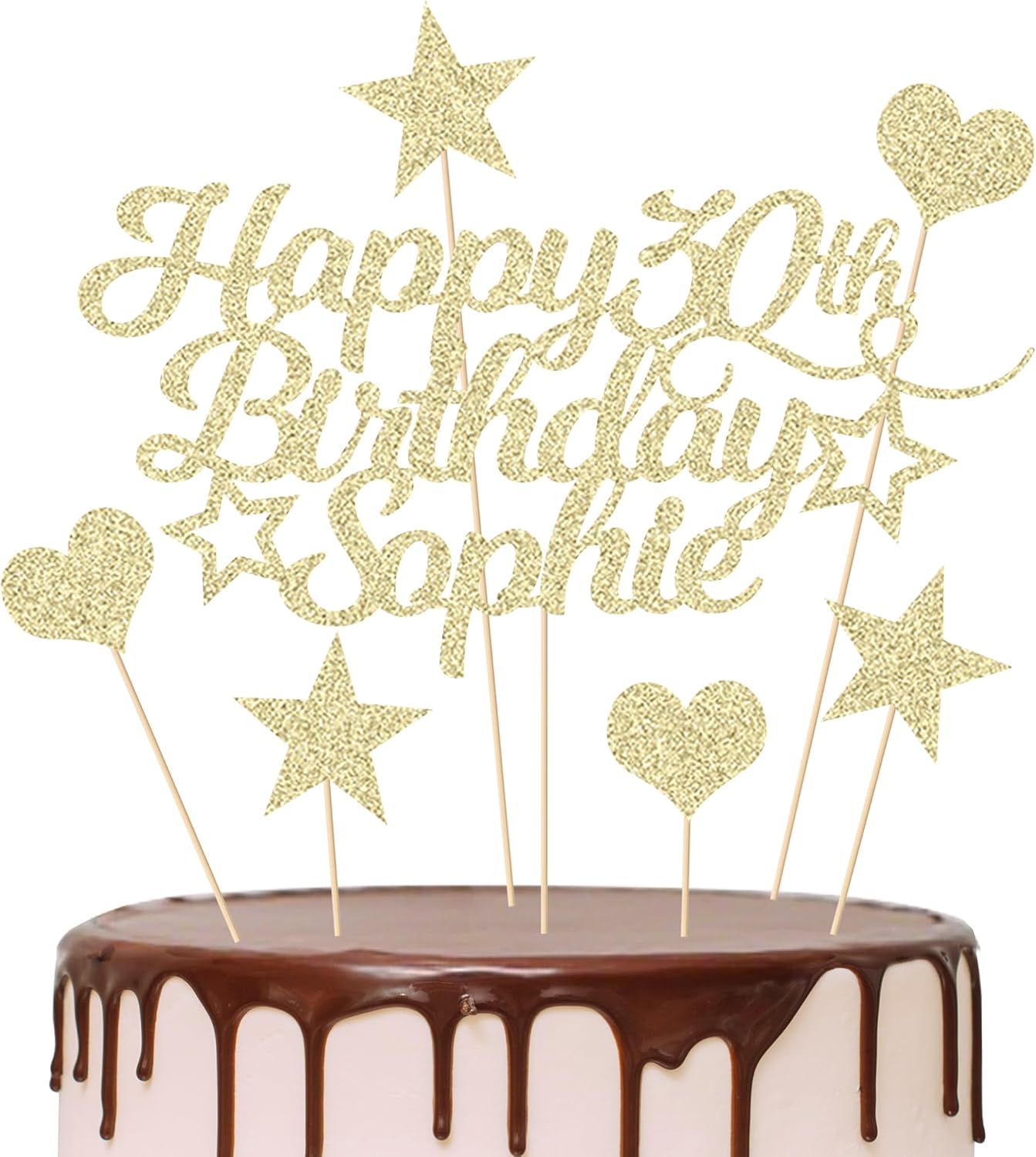 Personalized Happy Birthday Cake Topper Customized with Any Age Name Party Cake Decoration 16 18 21 40 60 Double Sided Glitter Card Champagne Gold