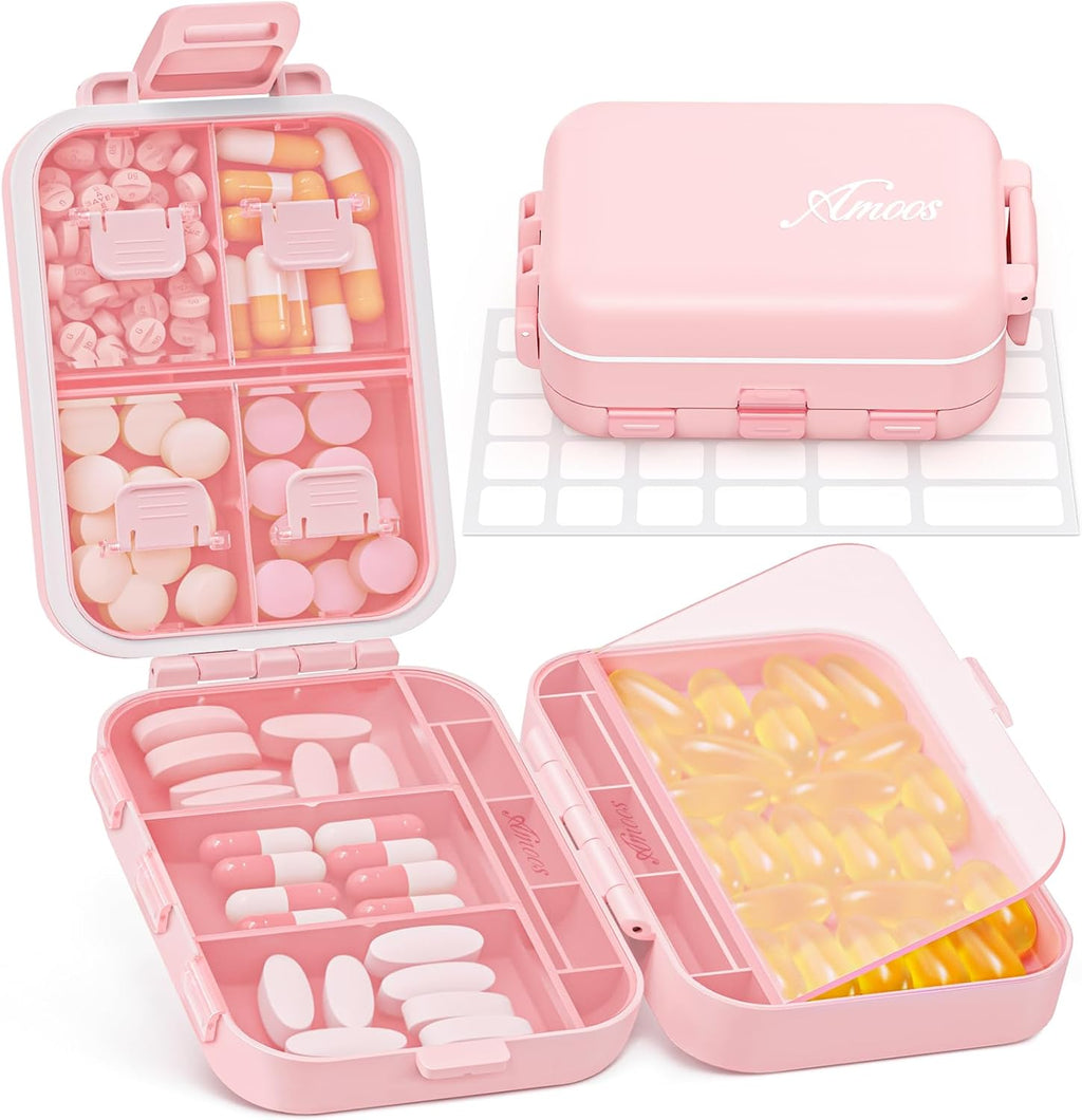 Compact 3-Layer Travel Pill Organizer, Cute Pill Box Case with Pull-Tab Design for Easy Opening, Medication Organizer with 8 Compartments for Supplements, Vitamins, Fish Oils, 30 Labels