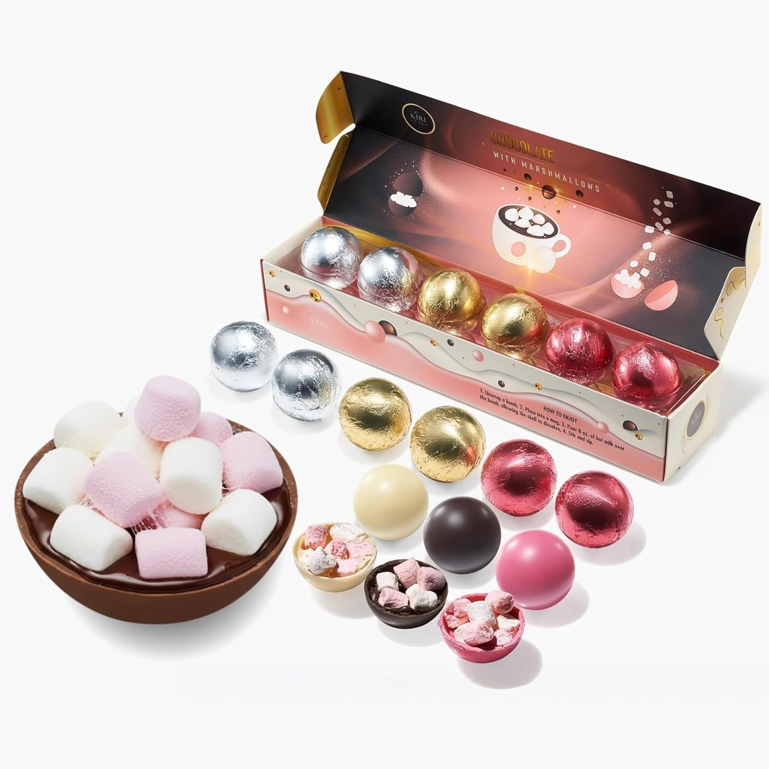 Hot Chocolate Bombs Marshmallow Filled Balls - Set of 6-3 Flavors of White, Fudge Brownie, Strawberry Chocolates Winter - Best Cocoa Filled with Marshmallows - Bomb Gift Set, Melting Delicious Gifts