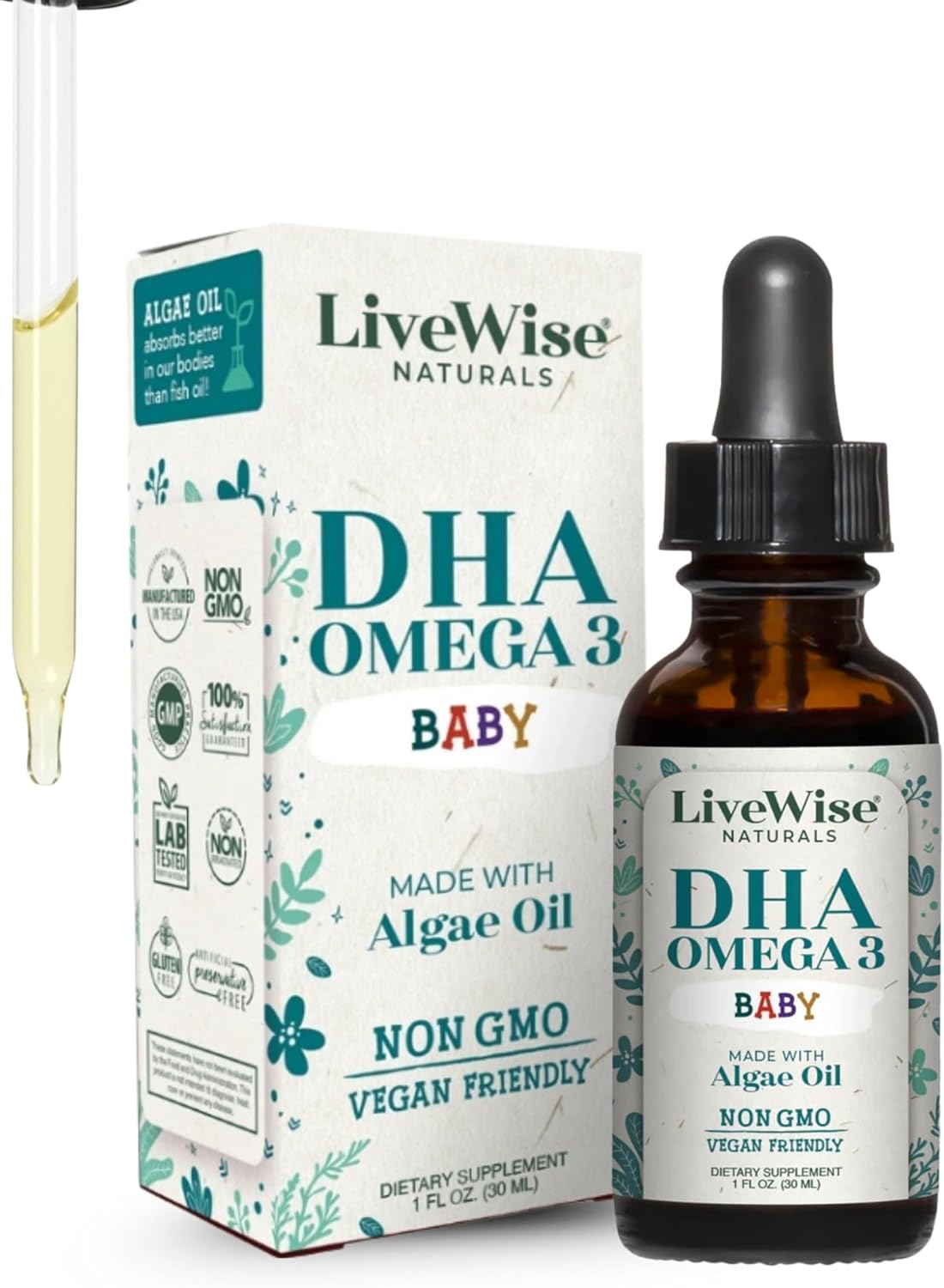 LiveWise Naturals DHA Omega 3 Drops for Kids - Vegan Liquid Omega 3 for Infants, Toddlers & Children - Essential DHA Supplement for Baby Brain, Eye & Immune Health