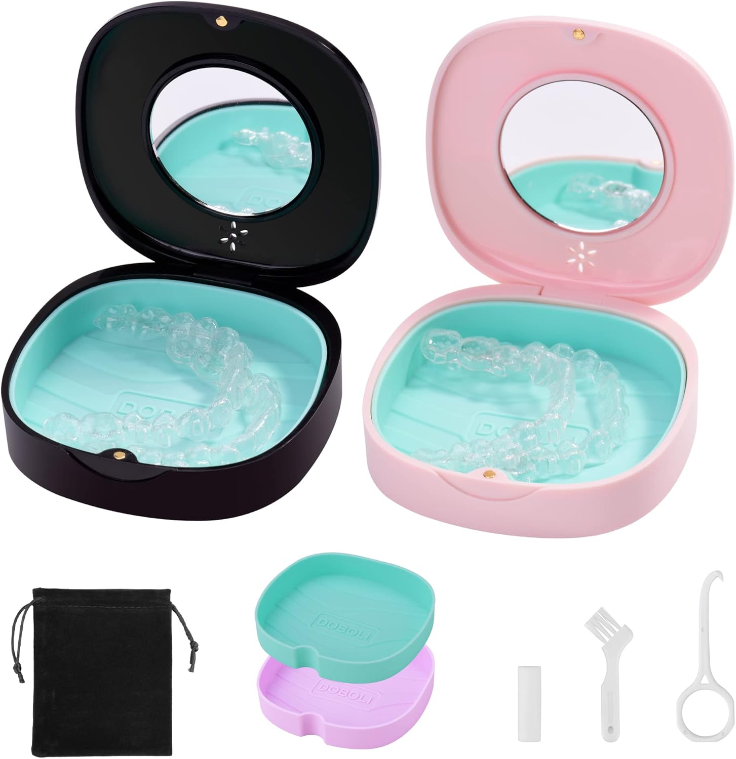 2 Pack Retainer Case with Vent Holes, stocking stuffers for gift women men ,Compatible with Invisalign,Night Guards,and Mouth Guards Case - Includes Storage Bag,Slim Aligner Remover Tool Black Pink