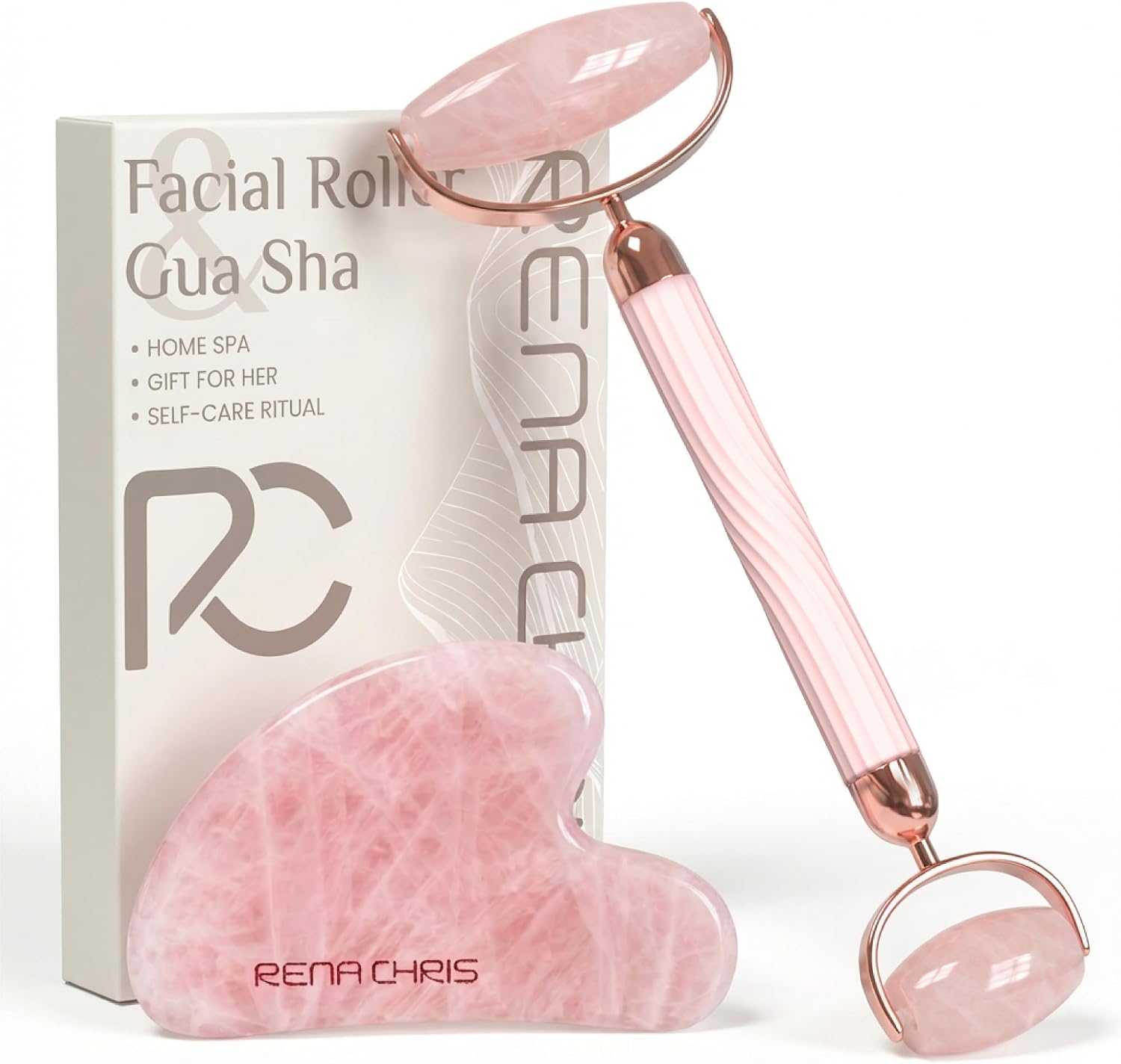 Rena Chris Rose Quartz Gua Sha & Jade Roller Set, Face Roller and Gua Sha Facial Tools, Facial Massage Tools for Jawline Sculpting, Under Eye, Neck, Skin Care Routine & Self Care Gift