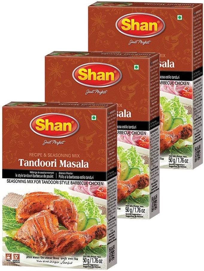 Shan Tandoori Recipe and Seasoning Mix 1.76 oz (50g) - Spice Powder for Tandoori Style Barbecue Chicken - Suitable for Vegetarians - Airtight Bag in a Box (Pack of 3)