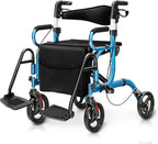 Goplus 2 in 1 Rollator Walker for Seniors, Medical Walker with Seat, Folding Transport Wheelchair Rollator with 8" Wheels, Reversible Backrest, Footrests, Aluminum Mobility Walking Aid (Blue)
