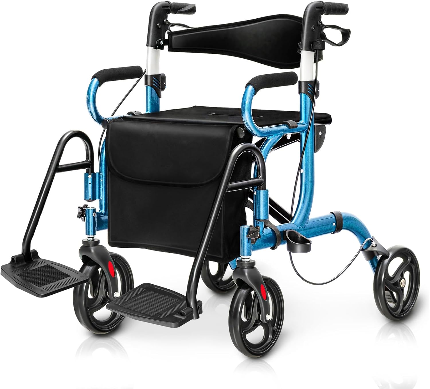 Goplus 2 in 1 Rollator Walker for Seniors, Medical Walker with Seat, Folding Transport Wheelchair Rollator with 8" Wheels, Reversible Backrest, Footrests, Aluminum Mobility Walking Aid (Blue)
