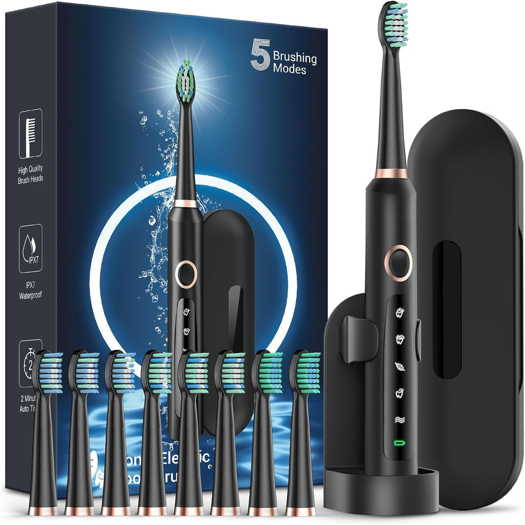 Rtauys M5 Electric Toothbrush for Adults - Sonic Electric Toothbrush for Kids and Adults with 8 Brush Heads & Travel Case, 120 Days Battery Life - Black