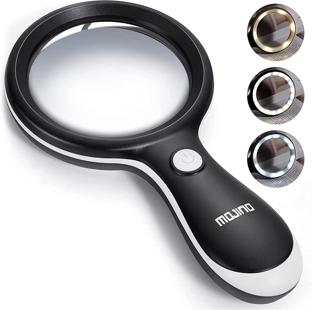 10X Lighted Large Handheld Reading Magnifier Glasses with 18 LED Lights for Macular Degeneration, Seniors & Kids Reading, Inspection, Coins, Jewelry, Exploring