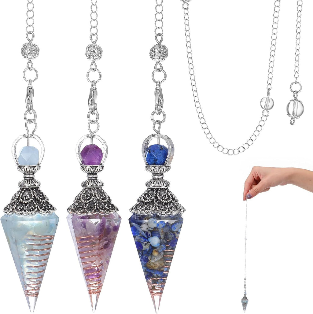 Sibba 3Pcs Pendulum Crystal, Healing Crystal Amethyst Aquamarine Lapis Lazuli Pendulums for Witchcraft Supplies and Divination, Spiritual Pointed Crystals for Dowsing, Meditation, Chakra Healing