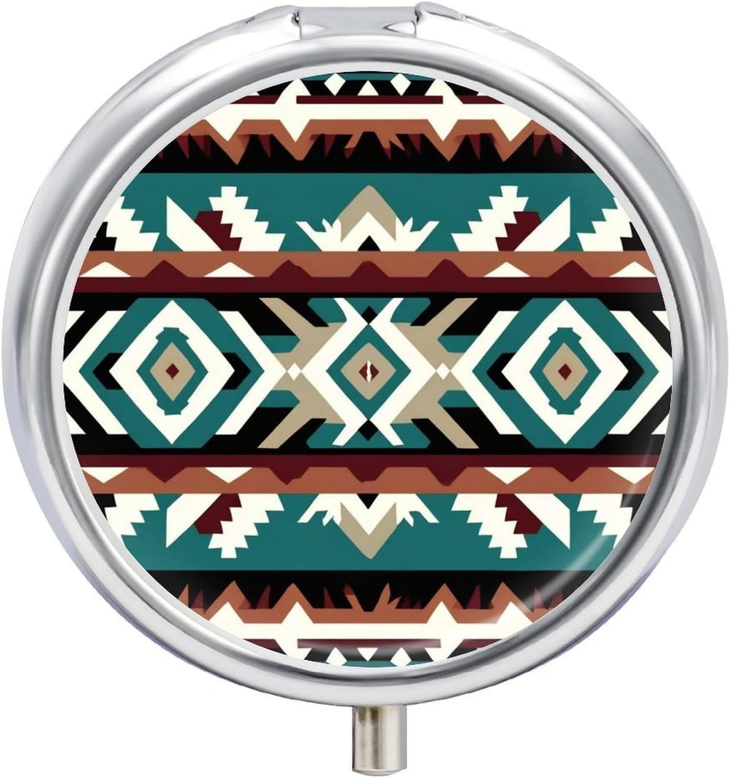 3 Compartment Pill Box, Round Medicine Pill Case, Cute Travel Pill Case, Decorative Portable Organizer for Pocket Teal Turquoise Tribal Navajo Aztec Geometric Ethnic Pattern