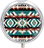 3 Compartment Pill Box, Round Medicine Pill Case, Cute Travel Pill Case, Decorative Portable Organizer for Pocket Teal Turquoise Tribal Navajo Aztec Geometric Ethnic Pattern