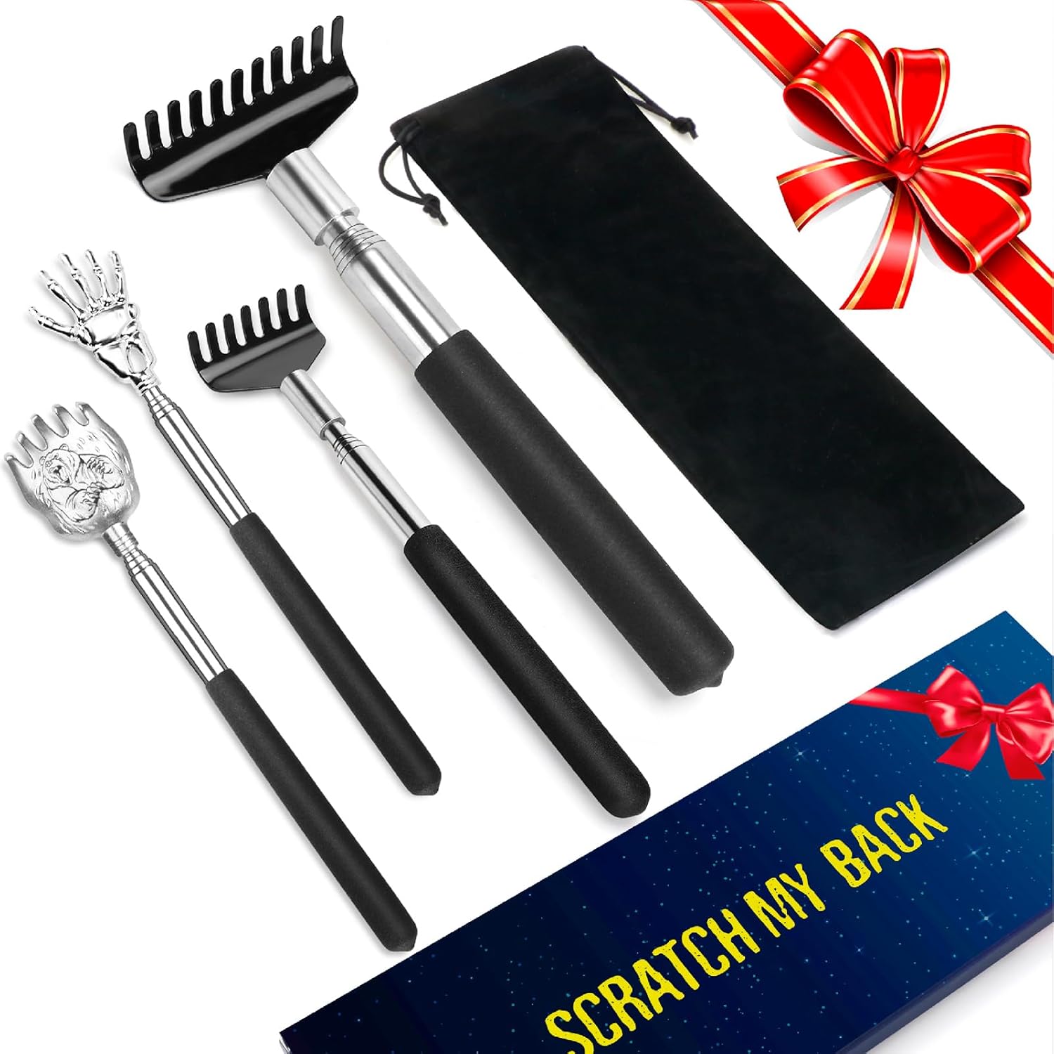 Oversized Back Scratcher Gift Set, 4 Pack Portable Extendable Stainless Steel Telescoping Massage Tool, Gift/Stocking Stuffers for Men Women