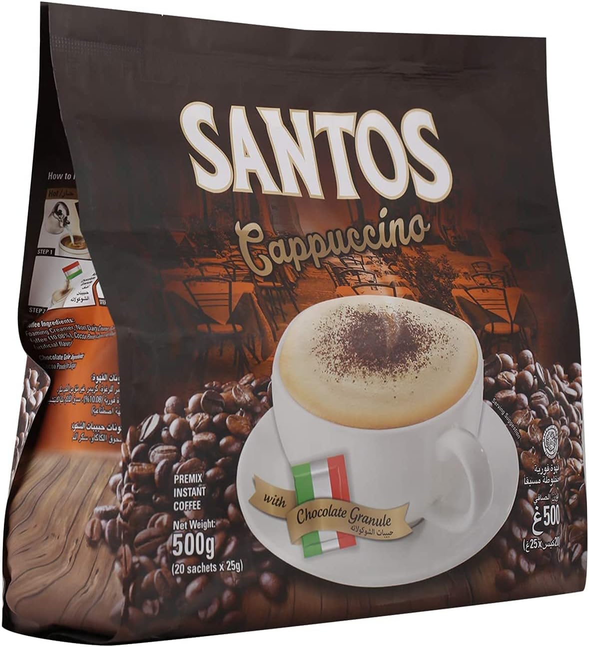 Santos Cappuccino Premix Instant Coffee 3-in-1 with Chocolate Granule Made of Cocoa Powder and Palm Sugar (Wrapped Separately) - Net Weight 500g (20 Sachets in Each Pack x 25g) – Pack of 2