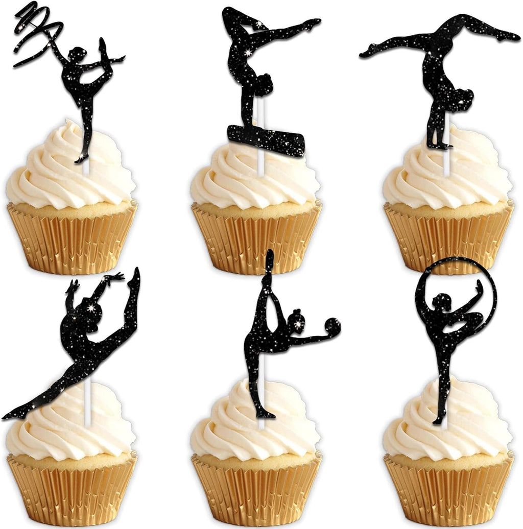 18pcs Black Glitter Silhouette Gymnast Dessert Cupcake Topper Cheer to Gymnastics Sport Theme Decor Supplies Women Girls Happy Birthday Bachelor Girls' Night Out Party Decorations