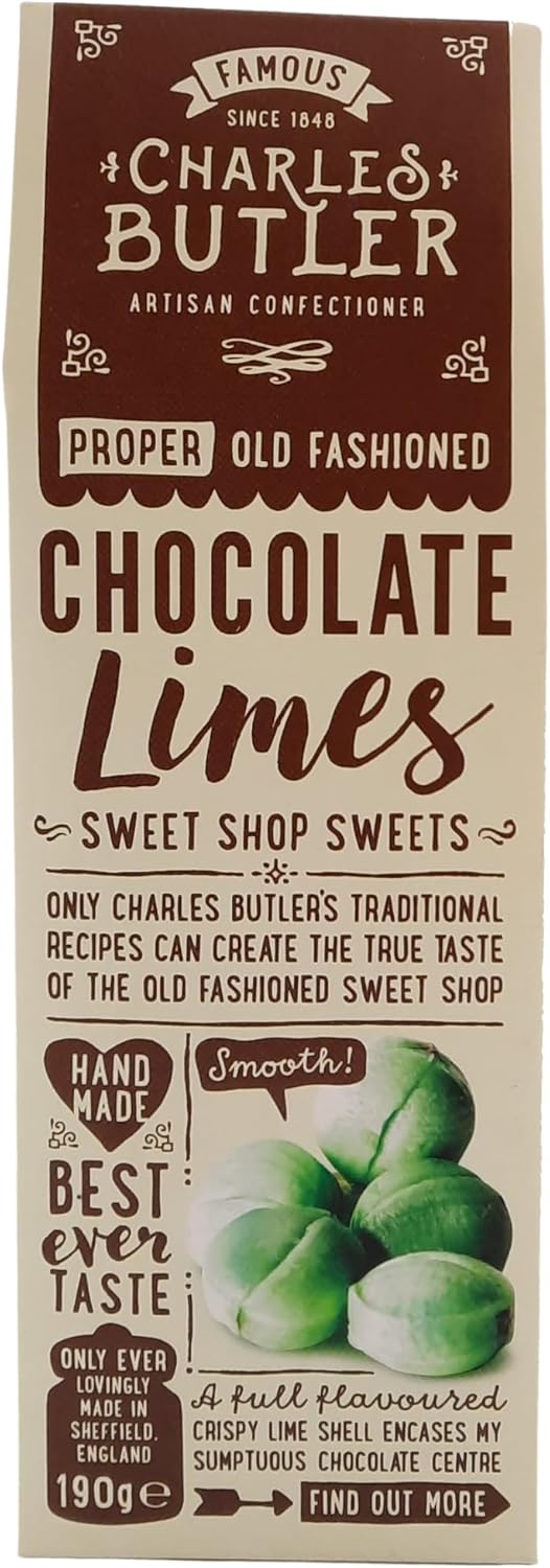 Charles Butler Chocolate Limes 190g (6.7oz) | Crispy Lime Candy Shell with Chocolate Center Filling | Handmade Old Fashioned British Candy Gift Box | English Hard Boiled Sweets | UK Confectionery