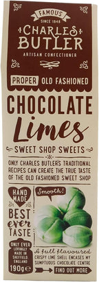 Charles Butler Chocolate Limes 190g (6.7oz) | Crispy Lime Candy Shell with Chocolate Center Filling | Handmade Old Fashioned British Candy Gift Box | English Hard Boiled Sweets | UK Confectionery